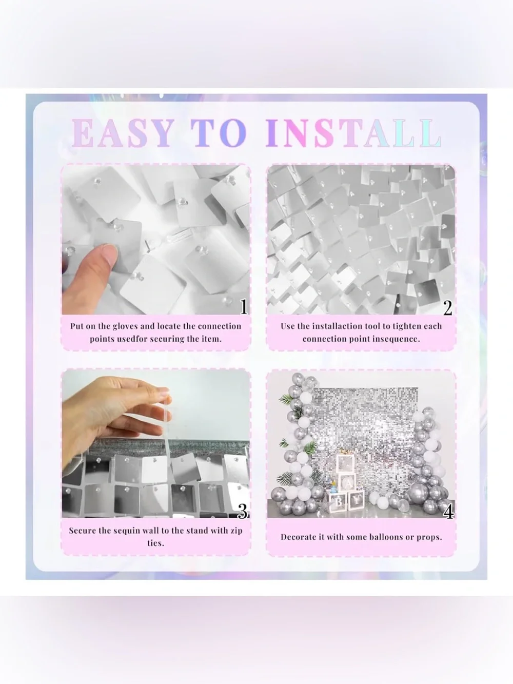 SilverShimmer Wall Backdrop-24 Pcs SquareSequinPanels-Birthday Party,Wedding,Etc - Picture 4 of 7